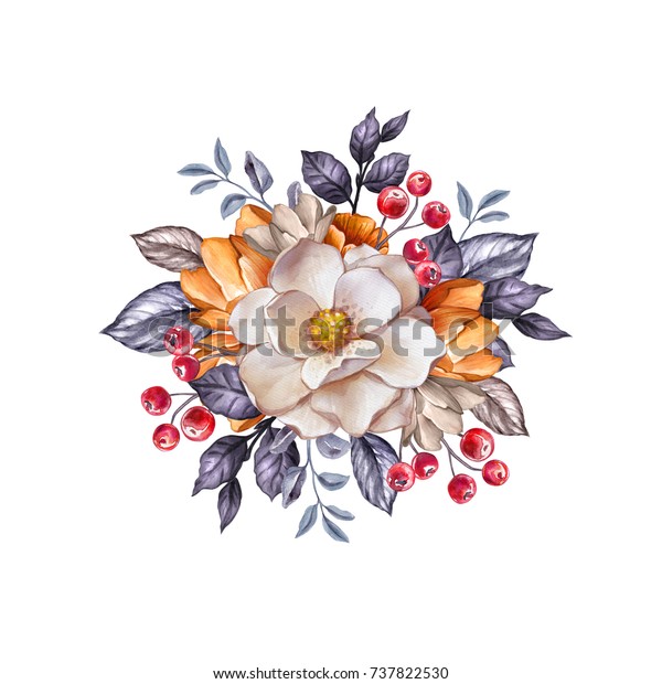 秋の植物の背景に丸い花束 水彩イラスト 秋の花 白い背景にクリップ