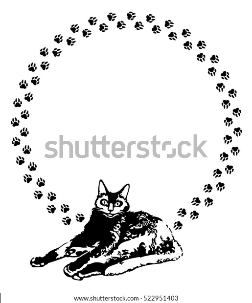 Round Frame Black Cat Cats Footsteps のイラスト素材
