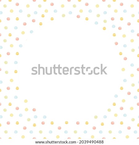Round frame with bright multicolored geometric shape round polka dot pattern on white background. Watercolor hand drawn illustration sketch