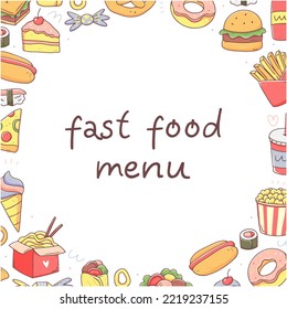 Round Frame With Fast Food. Junk Food Doodle Elements. Clipart Food Illustration