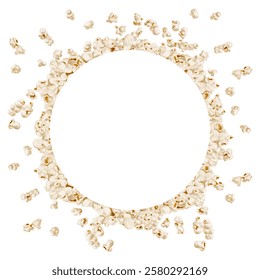 round frame of flying popcorn. The crispy snack flies in different directions. Watercolor illustration without background. For menus, advertising, postcards and food packaging. homemade corn