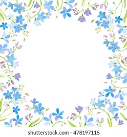 round frame with forget-me-nots flowers.green and blue floral border.watercolor hand drawn illustration.