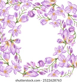 Round frame of freesia flowers. Purple flowers for business cards, invitations to weddings, birthdays. Watercolor illustration in vintage style for design of cosmetics, perfumes and hygiene products. - Powered by Shutterstock