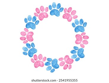 Round frame made of pet paw prints. Pink and blue color. Watercolor. Different shades of colors. White copy space and background. Frame isolated on background. Baby shower - Powered by Shutterstock