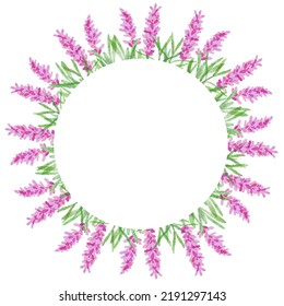 Round Frame Surrounded By Lavender Bushes. Gentle Drawing For A Postcard, Congratulations, Sticker. Watercolor Drawing.