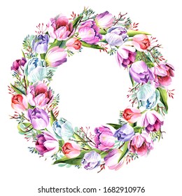 Round frame with watercolor  tulips. Place for your text. Hand painted spring wreath. Raster illustration. Perfect for greetings, invitations, announcement, web design. - Powered by Shutterstock