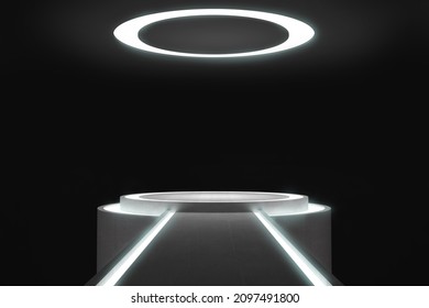 Round Futuristic Technology Pedestal Or Podium. Colorful Minimal Concept Design. Abstract Modern Art Illustration For Presentation Product. 3d Render Display Showcase. Hi Tech Background Template.