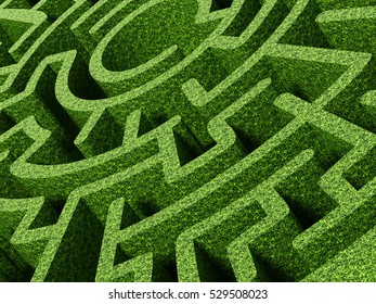 Round garden maze with green bushes as walls. 3D illustration - Shutterstock ID 529508023