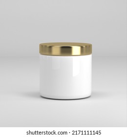 Round Glossy White Cosmetic Jar With Gold Lid For Body Cream, Gel, Butter, Bath Salt, Skin Care, Powder. Realistic Cosmetics Packaging Mockup Template. 3D Rendering