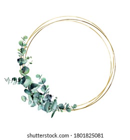 round gold frame with eucalyptus leaves.  For invitations, cards, design, weddings, bachelorette parties, christenings - Powered by Shutterstock