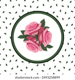 round green frame with pink roses in the center against the background of a pattern of small leaves - Powered by Shutterstock