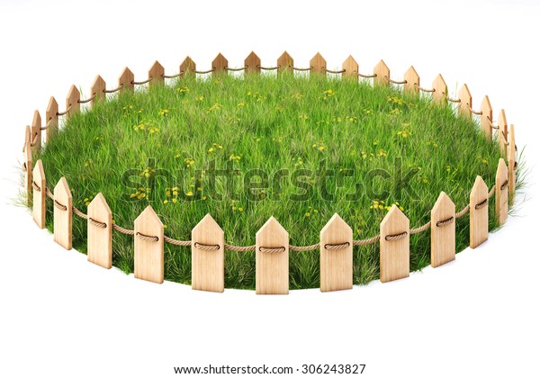 木の柵で囲まれた芝生のある丸い島 白い背景に のイラスト素材