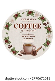 A round label design for coffee featuring a cup, a wooden spoon, and a botanical wreath made of berries and flowers. Perfect for coffee packaging and coasters.