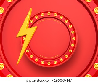 Round Label With Lights And Lightning For Text Composition. Flash Sale. 3D Illustration