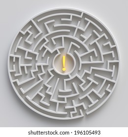 Round Labyrinth Concept, White 3d Maze With Exclamation Point