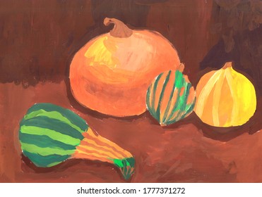 Round   long pumpkins brown background  Children's drawing (gouache  paper)