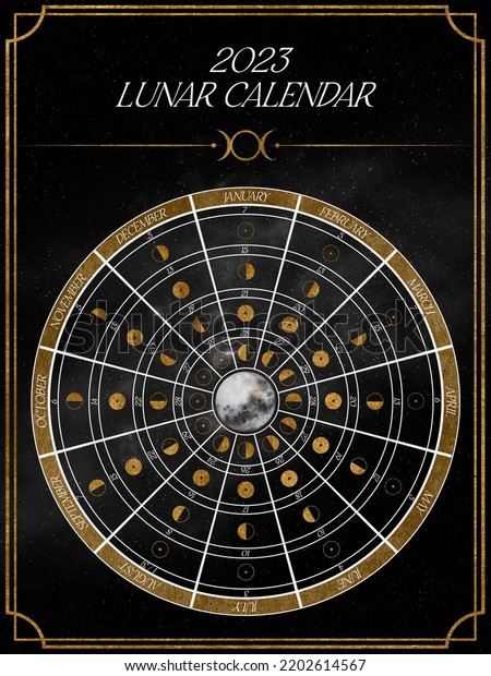 Round Lunar Calendar 2023 Northern Hemisphere.\
Beautiful moon calendar with main lunar phases with golden texture.\
High quality\
poster
