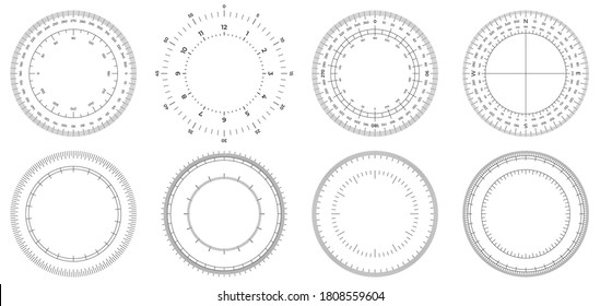 Round measuring circles. 360 degrees scale circle with lines, circular dial and scales meter  set. Illustration circle degree, meter circular 360, measurement time or angle