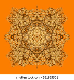 Round Ornament Pattern on a orange background. Golden Mandala. Spiritual and ritual symbol of Islam, Arabic, Indian religions. Geometric circle elements. Oriental motifs.