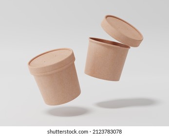 Round Paper Food Packaging Box, Kraft Paper Food Container, 3d Rendering, 3d Illustration
