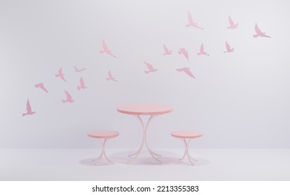 Round Pastel Modern Minimal Table Set With Chairs. Bird Sillhouette Wall Cut Out. Mock Up Minimal Interior Design Concept With Copy Space 3d Rendering 3d Illustration.