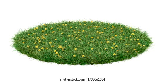 A Round Patch Of Grass Full Of Dandelions, Isolated On White Background. 3d Image