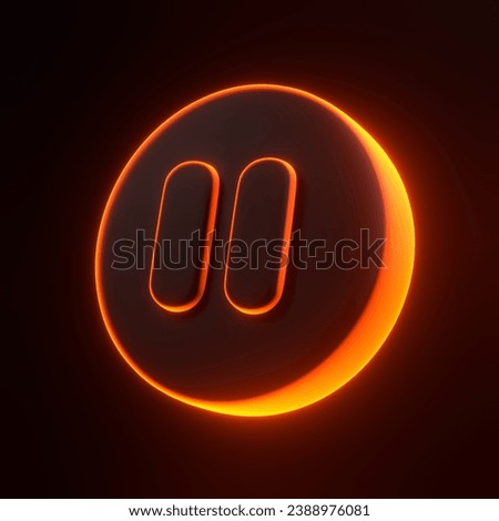 Round pause button with bright glowing futuristic orange neon lights on black background. 3D icon, sign and symbol. Cartoon minimal style. 3D render illustration