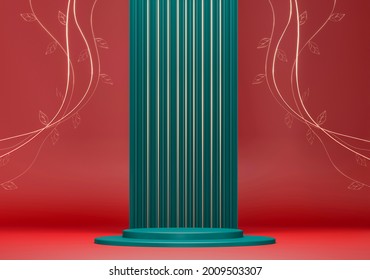 Round Pedestal, Green Cylinder, Gold Decor - 3d Render Illustration. Empty Podium, Base For Product Promotion. Luxury Dark Red Green Royal Mockup. Chinese Asian Horoscope 