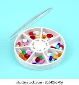 Round Pill Box With Different Tablets And Vitamins For A Week. Medication Organiser. Medical Theme. 3d Rendering. 