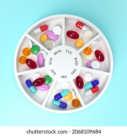 Round pill box with different tablets and vitamins for a week. Medication organiser. Top view. Medical theme. 3d rendering. 
