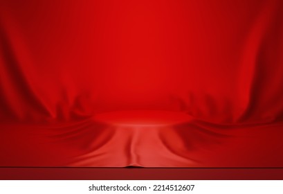 Round Plinth Covered Red Silk On Abstract Red Background. Exhibition Area, Studio Or Cosmetic And Advertising Stage. 3D Render Illustration