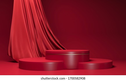 Round Podium On Dark Red Background. Elegant Silk Fabric Flow, Falls To Surface. 3d Render Illustration. Empty Pedestal, Stand For Mockup Products. Copy Space On Delicate Red Luxurious Satin 