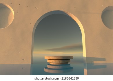 Round Podium In Water With Wall Arc Above For Cosmetic Product Presentation At Dusk Sunset. 3d Render Illustration