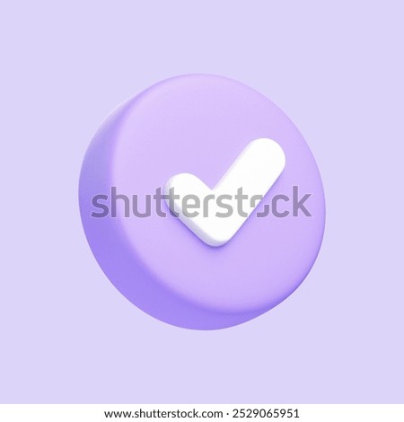 Round purple button featuring a white checkmark symbol, representing confirmation, approval, or completion. 3D icon, sign and symbol. 3D render illustration