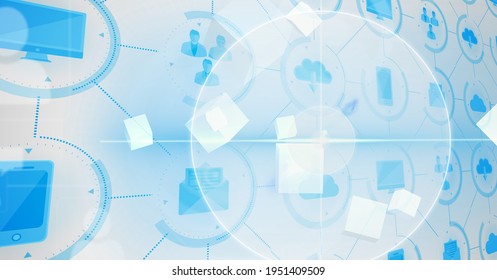 Round scanner scanning over network of digital icons against blue background. computer interface and networking technology concept