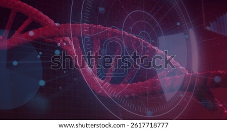 Round scanner and security padlock and shield icon against spinning dna structure. medical research and science technology concept