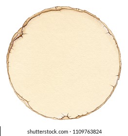 Round sheet old vintage ancient paper and battered border  Grunge texture background   Circular paper note isolated white