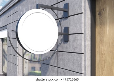 Round Sign Post On Building Wall With Window And Wooden Door. Concept Of Local Business. 3d Rendering. Mock Up