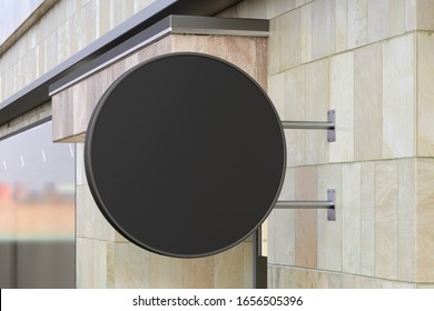 Round Signboard Or Signage On The Marble Wall With Blank Black Sign Mock Up. Side View. 3d Illustration