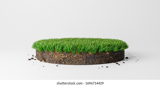 Round Soil Ground Cross Section With Green Grass, Circle Cutaway Terrain Floor. 3d Rendering