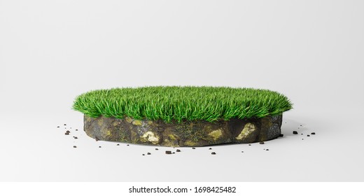 Round Soil Ground Cross Section With Green Grass, Circle Cutaway Terrain Floor. 3d Rendering