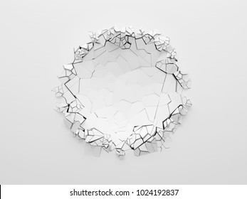 Round Or Spherical Dent On The White Wall, Front View With Copy Space. 3d Illustration.