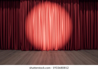 Round Spotlight On Red Curtain On The Stage With Wooden Floor. 3D Rendering