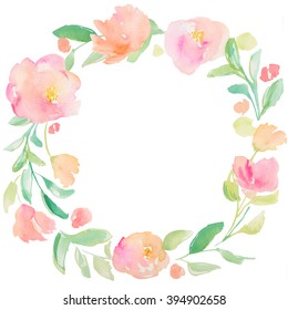 Round Spring Watercolor Flower Wreath With Pink And Orange Floral Elements