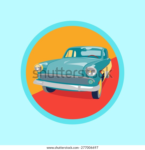 Round sticker of\
retro car on blue\
background
