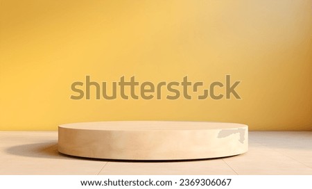 Round Stone Podium in front of a light yellow Studio Background. White Pedestal for Product Presentation