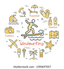 Round Summertime Vacation Concept With Yellow Windsurfing Icon In Center. Trip Planning, Water Entertainment And Summer Activity - Beach Rest, Kite Surfing And Diving