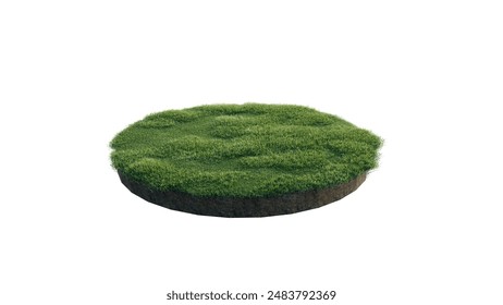 Round surface patch covered with flowers, green or dry grass isolated on white background. Realistic natural element for design. Bright 3d illustration.