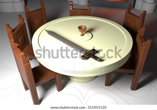 Round table with cup and sword, 3d render, square image