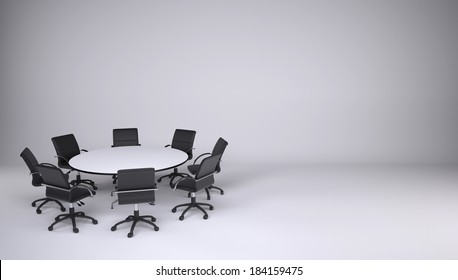 Round table and eight office chairs on a gray background. Cooperation concept